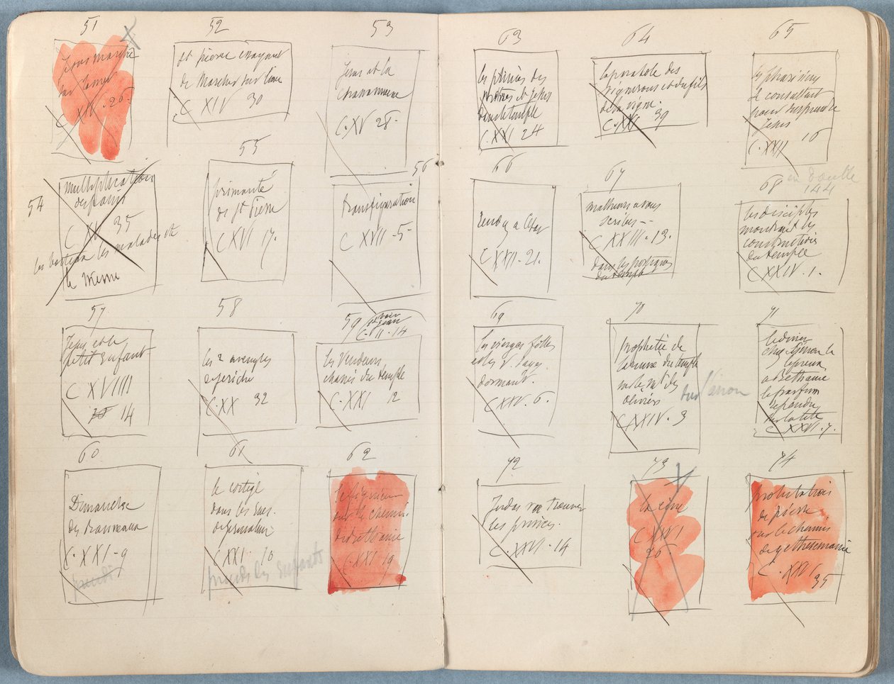 Strony z albumu Szkice do życia naszego Pana Jezusa Chrystusa, koniec lat 80. XIX wieku (grafit i pranie na papierze) autorstwa James Jacques Joseph Tissot