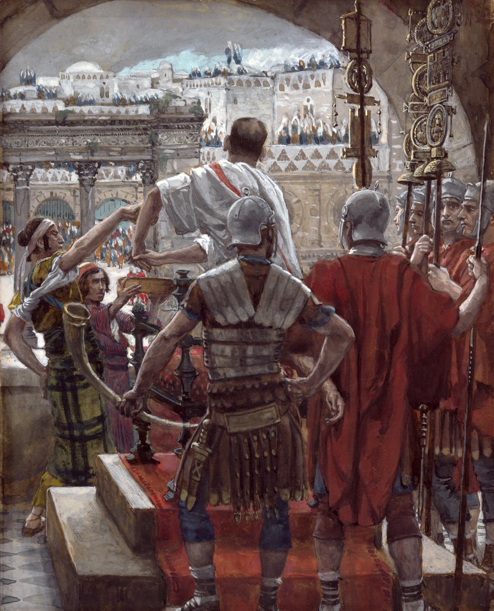 Piłat myje ręce, ilustracja do życia Chrystusa, ok. 1886-94 (toaleta i gwasz na tekturze) autorstwa James Jacques Joseph Tissot