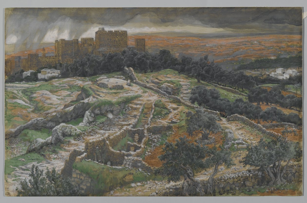 Rekonstrukcja Golgoty i Grobu Świętego widziana z Bramy Sądowej, ilustracja z Życia Pana naszego Jezusa Chrystusa (wc nad grafitem na papierze) autorstwa James Jacques Joseph Tissot