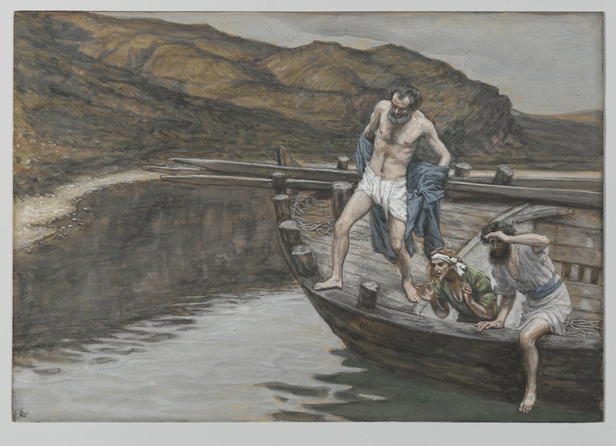 Święty Piotr zaalarmowany przez św. Jana przed obliczem Pana rzuca się w wodę, ilustracja z Życia Pana naszego Jezusa Chrystusa, 1886-94 (wc nad grafitem na papierze) autorstwa James Jacques Joseph Tissot
