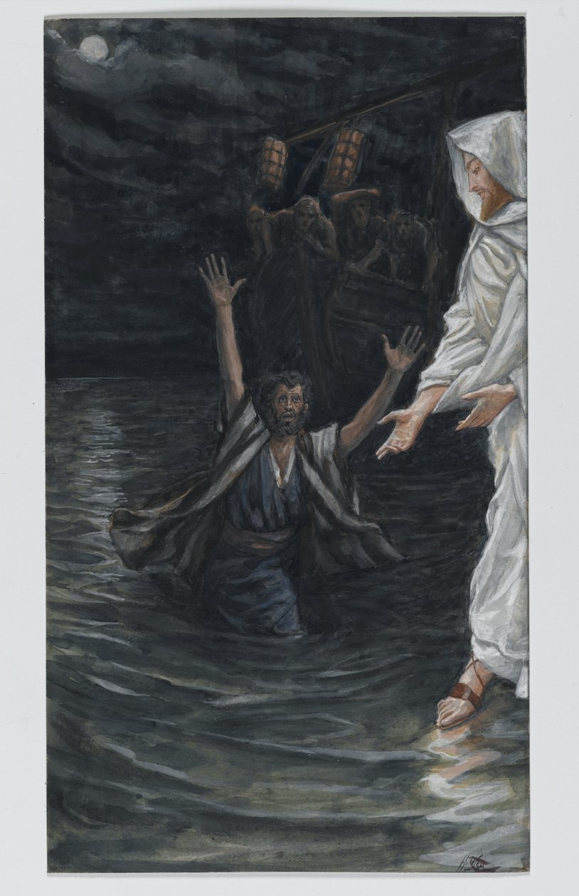 Święty Piotr idzie po morzu, ilustracja z Życia naszego Pana Jezusa Chrystusa (wc nad grafitem na papierze) autorstwa James Jacques Joseph Tissot