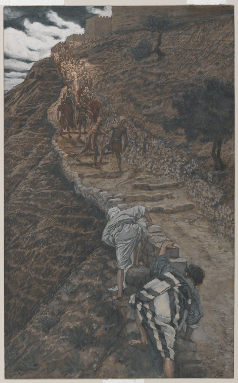 Św. Piotr i św. Jan idą z daleka, ilustracja z Życia Pana naszego Jezusa Chrystusa, 1886-94 (wc nad grafitem na papierze) autorstwa James Jacques Joseph Tissot