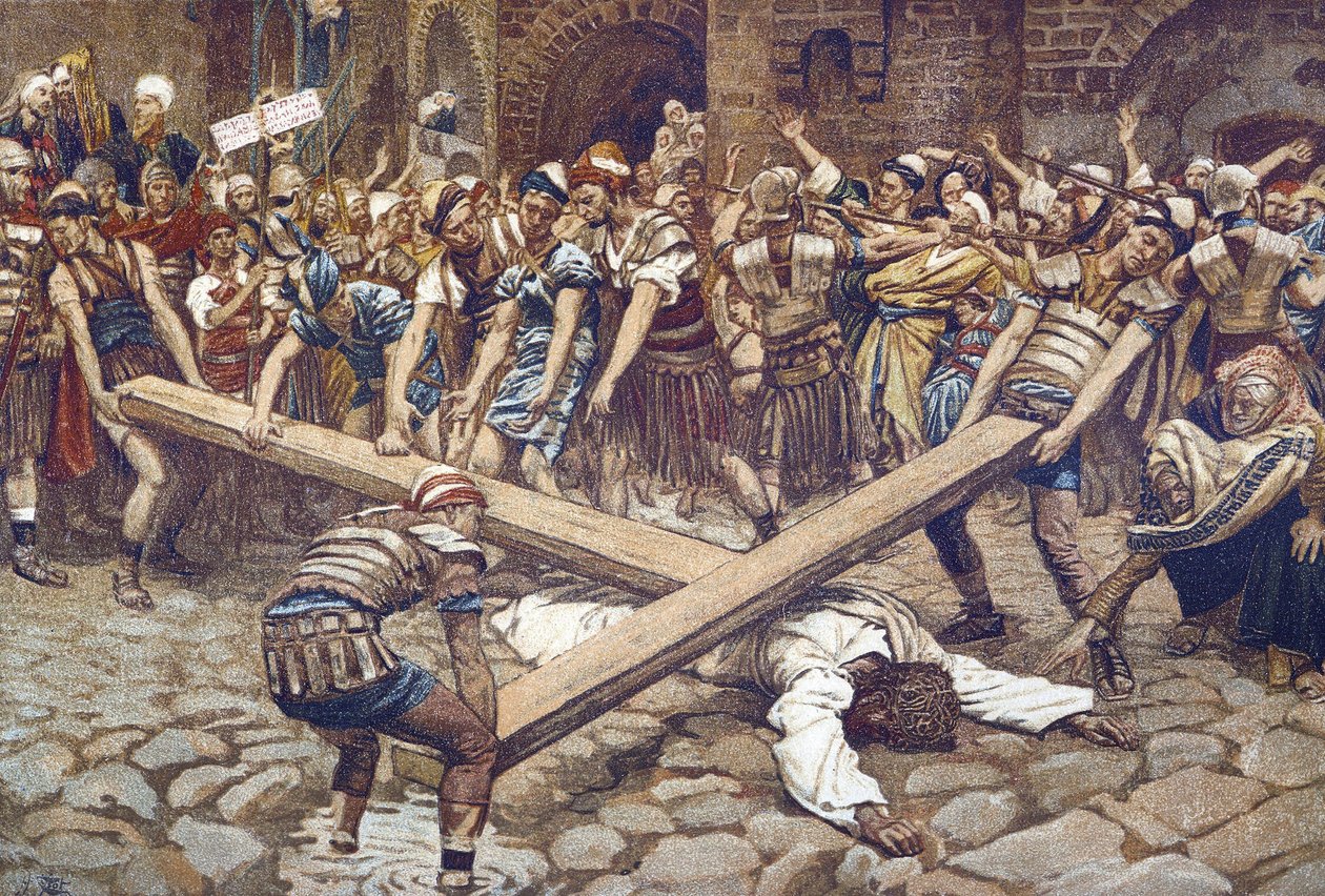 Szymon de Cyrene Siła noszenia krzyża – Szymon z Cyreny zmuszony do niesienia krzyża – z „Życia naszego Pana Jezusa Chrystusa”” – 1899 James Tissot – La vie de notre seigneur Jesus Christ, Jacques Joseph (Jacques Joseph ) Tissot i James Tissot ( autorstwa James Jacques Joseph Tissot