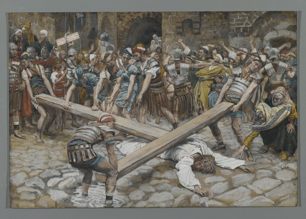 Szymon Cyrenejczyk zmuszony do niesienia krzyża z Jezusem, ilustracja z Życia naszego Pana Jezusa Chrystusa, 1886-94 (wc nad grafitem na papierze) autorstwa James Jacques Joseph Tissot