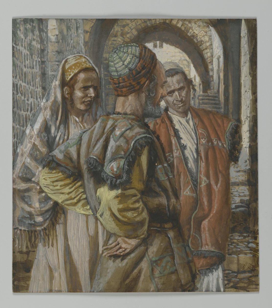 Szymon Cyrenejczyk i jego dwaj synowie Aleksander i Rufus, ilustracja z Życia naszego Pana Jezusa Chrystusa, 1886-94 (wc nad grafitem na papierze) autorstwa James Jacques Joseph Tissot