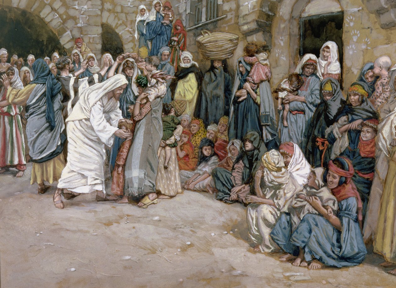 Pozwólcie małym dzieciom przyjść do mnie, ilustracja do życia Chrystusa, ok. 1886-96 (gwasz na tekturze) autorstwa James Jacques Joseph Tissot