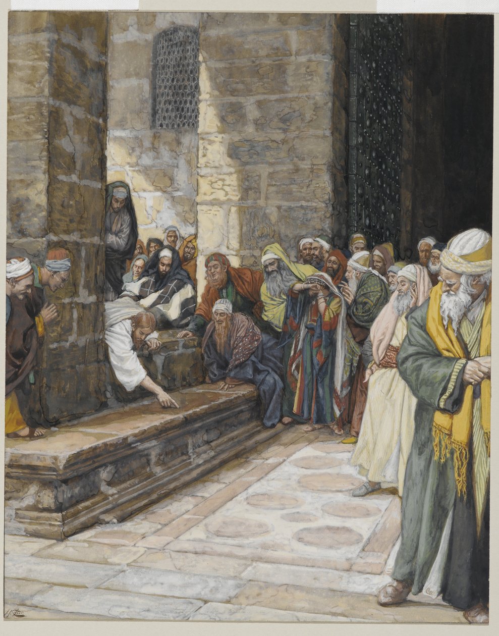 Cudzołożna kobieta - Chrystus piszący po ziemi, ilustracja z Życia naszego Pana Jezusa Chrystusa, 1886-94 (wc nad grafitem na papierze) autorstwa James Jacques Joseph Tissot