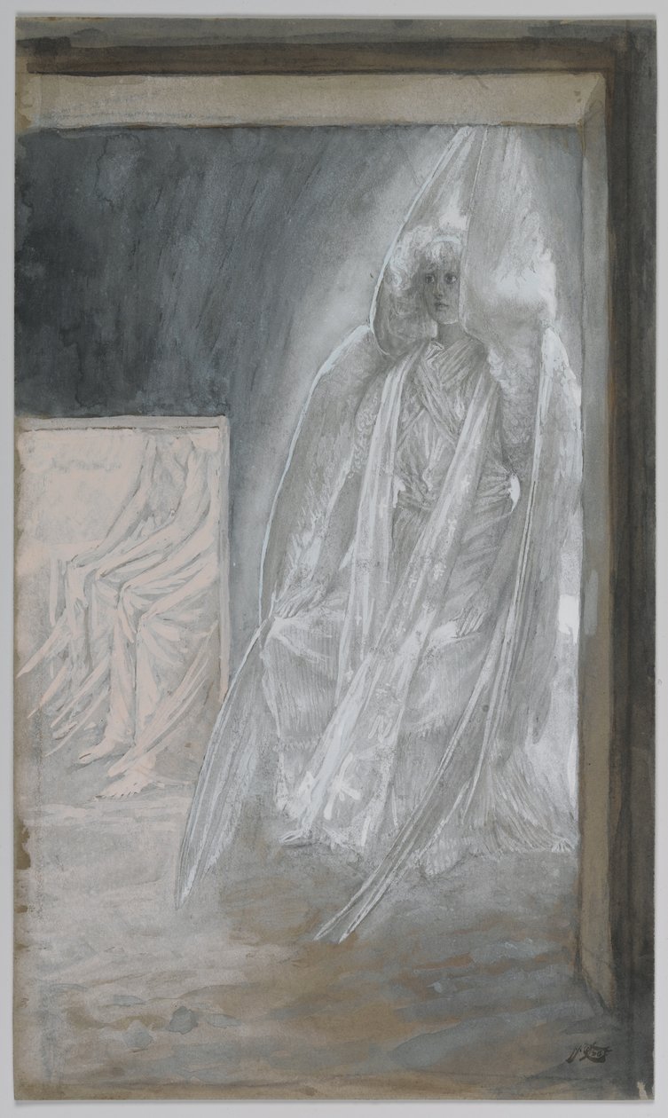 Anioł siedzący na kamieniu grobu, ilustracja z Życia Pana naszego Jezusa Chrystusa, 1886-94 (wc nad grafitem na papierze) autorstwa James Jacques Joseph Tissot