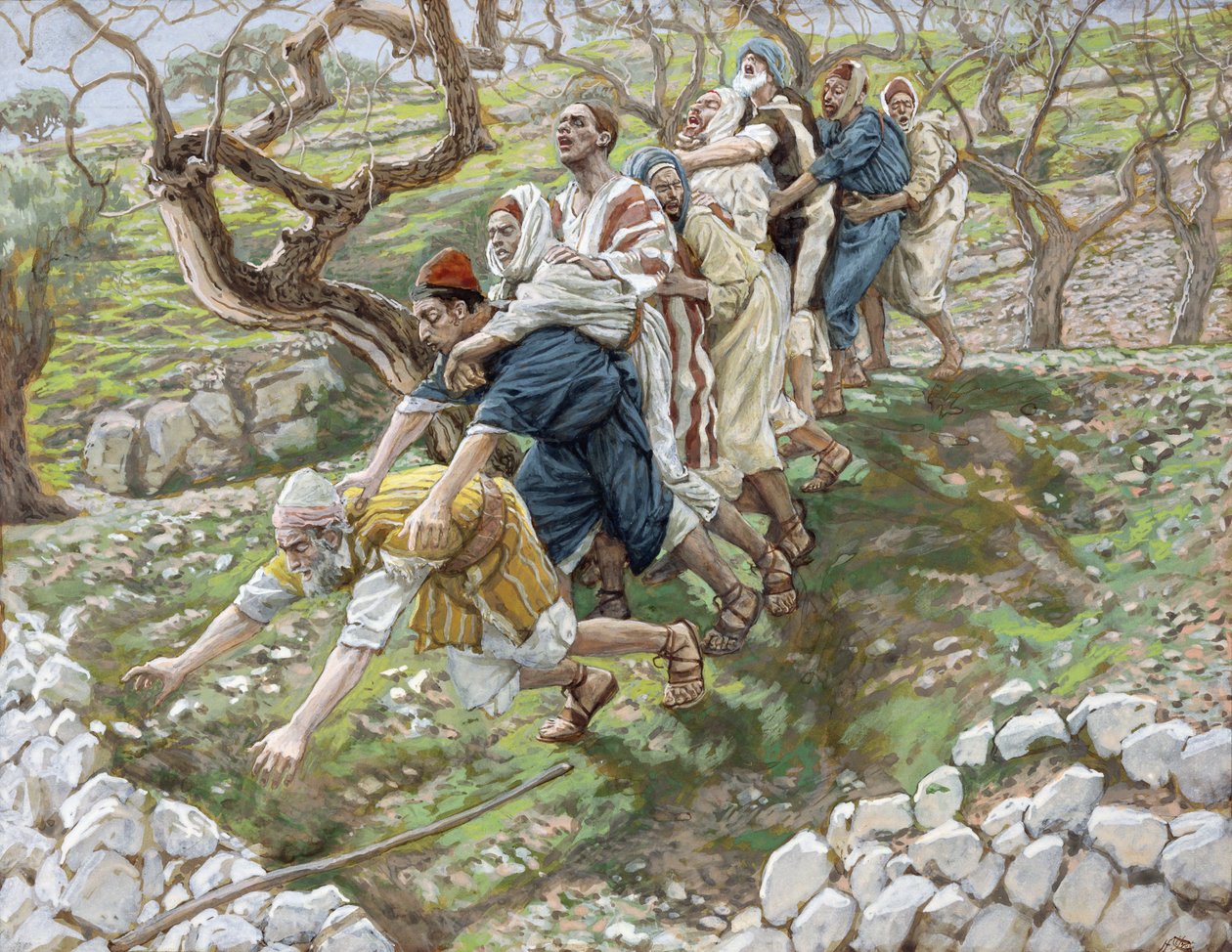 Ślepy prowadzący ślepych, ilustracja do Życia Chrystusa, ok. 1886-94 (toaleta i gwasz na tekturze) autorstwa James Jacques Joseph Tissot