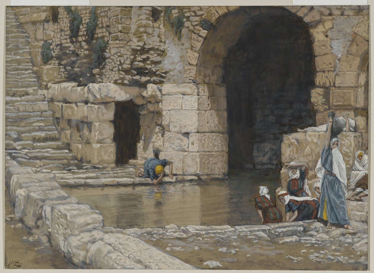 Ślepiec myje się w sadzawce Siloam, ilustracja z Życia naszego Pana Jezusa Chrystusa, 1886-96 (wc nad grafitem na papierze) autorstwa James Jacques Joseph Tissot