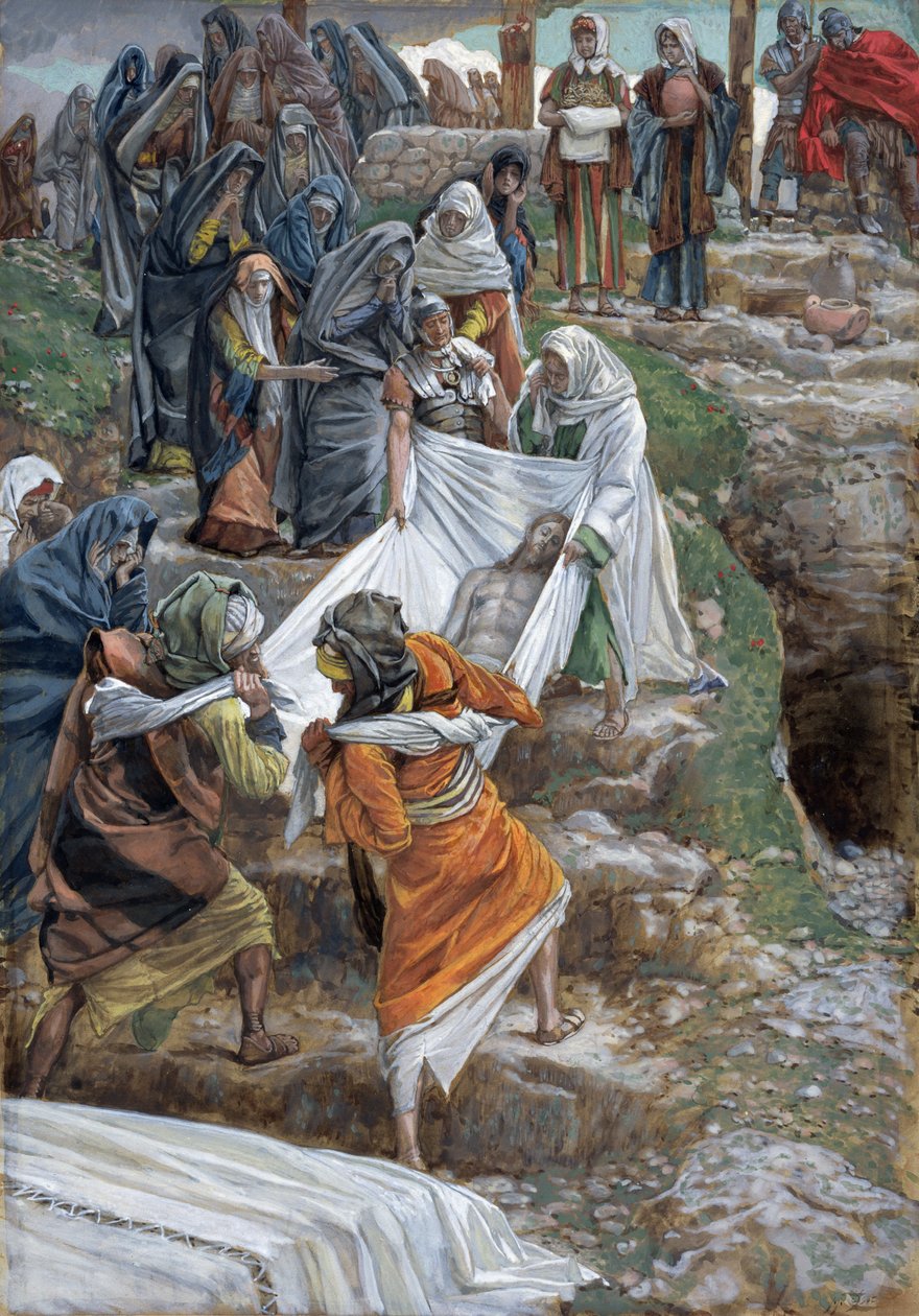 Ciało Jezusa zaniesione do Kamienia Namaszczenia, ilustracja do Życia Chrystusa, ok. 1886-94 (toaleta i gwasz na tekturze) autorstwa James Jacques Joseph Tissot