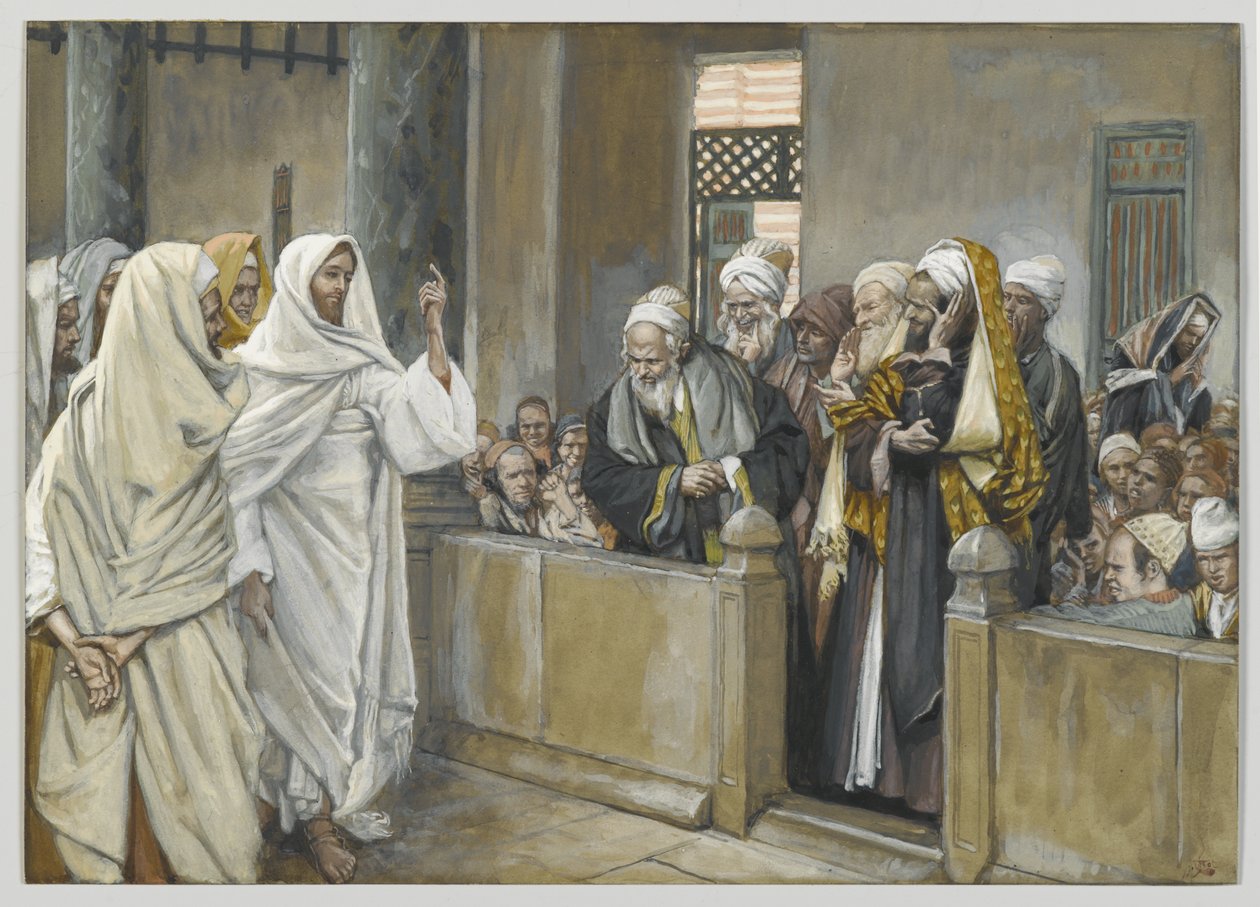 Arcykapłani pytają Jezusa, jakim prawem postępuje w ten sposób, ilustracja z Życia naszego Pana Jezusa Chrystusa, 1886-94 (wc nad grafitem na papierze) autorstwa James Jacques Joseph Tissot
