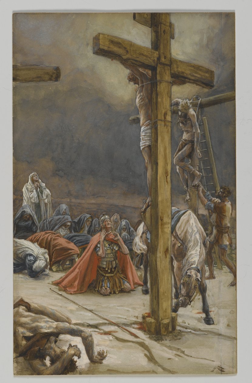Spowiedź św. Longinusa, ilustracja z Życia Pana naszego Jezusa Chrystusa, 1886-94 (wc nad grafitem na papierze) autorstwa James Jacques Joseph Tissot