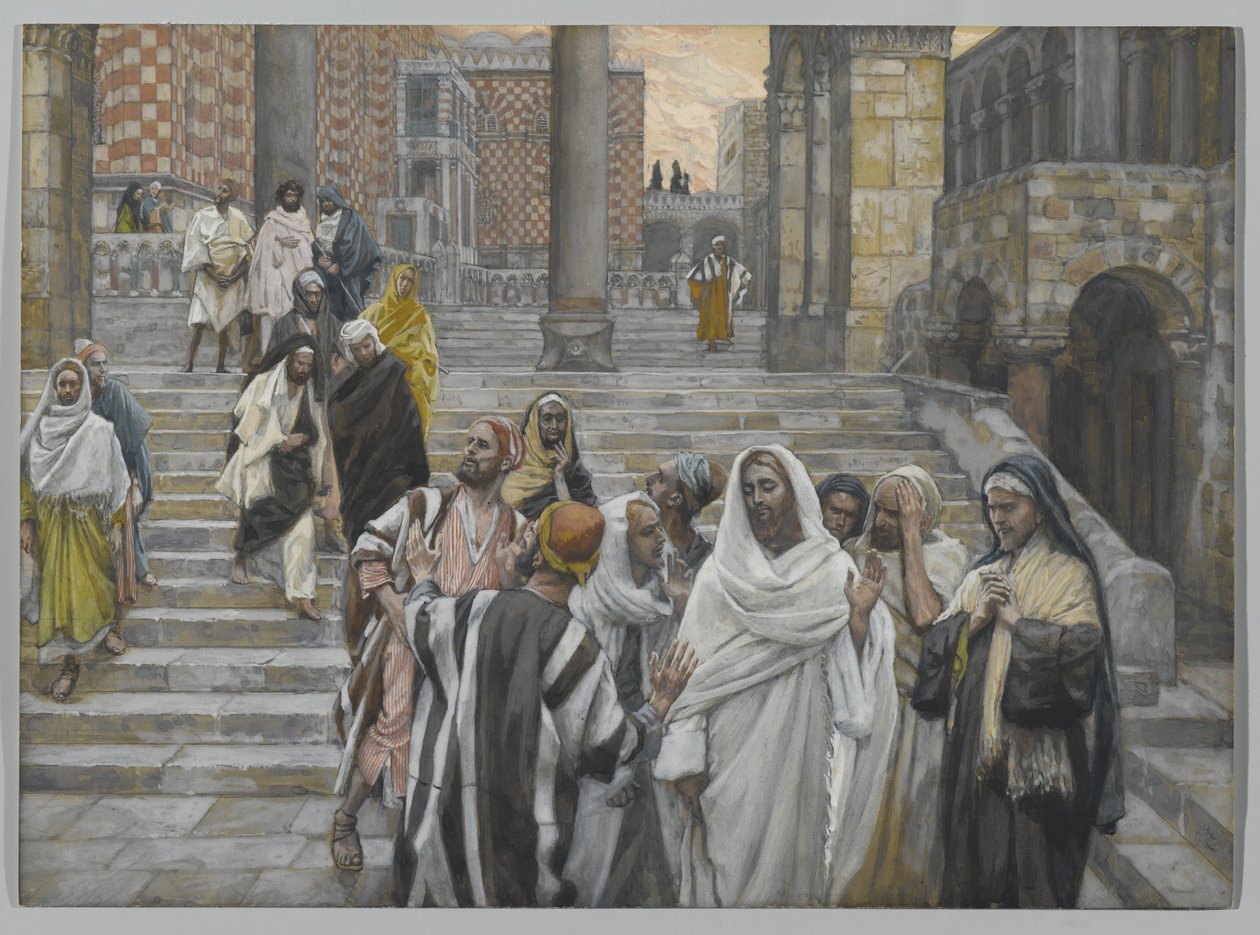 Uczniowie podziwiają budowle świątyni, ilustracja z Życia naszego Pana Jezusa Chrystusa, 1886-94 (wc nad grafitem na papierze) autorstwa James Jacques Joseph Tissot
