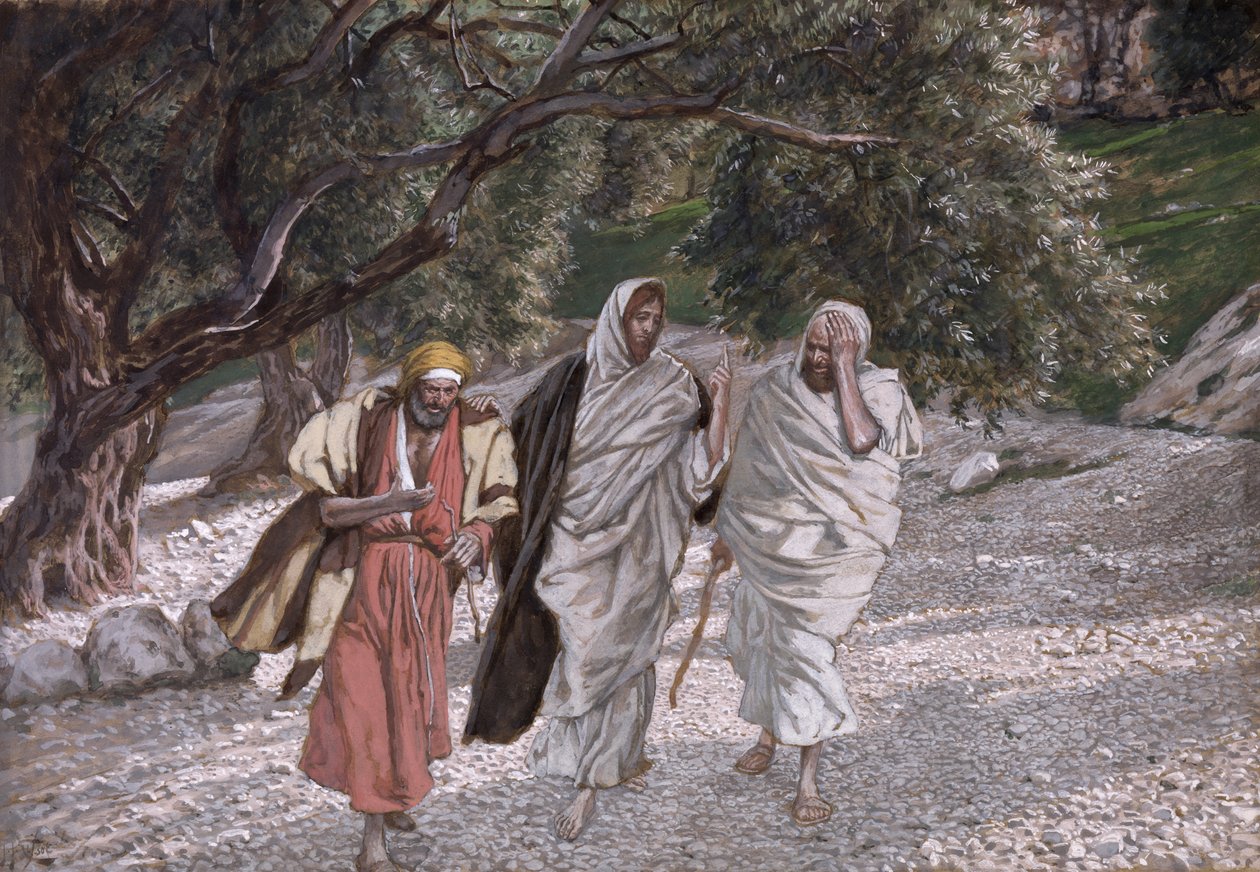 Uczniowie na drodze do Emaus, ilustracja do Życia Chrystusa, ok. 1884-96 (toaleta i gwasz na tekturze) autorstwa James Jacques Joseph Tissot