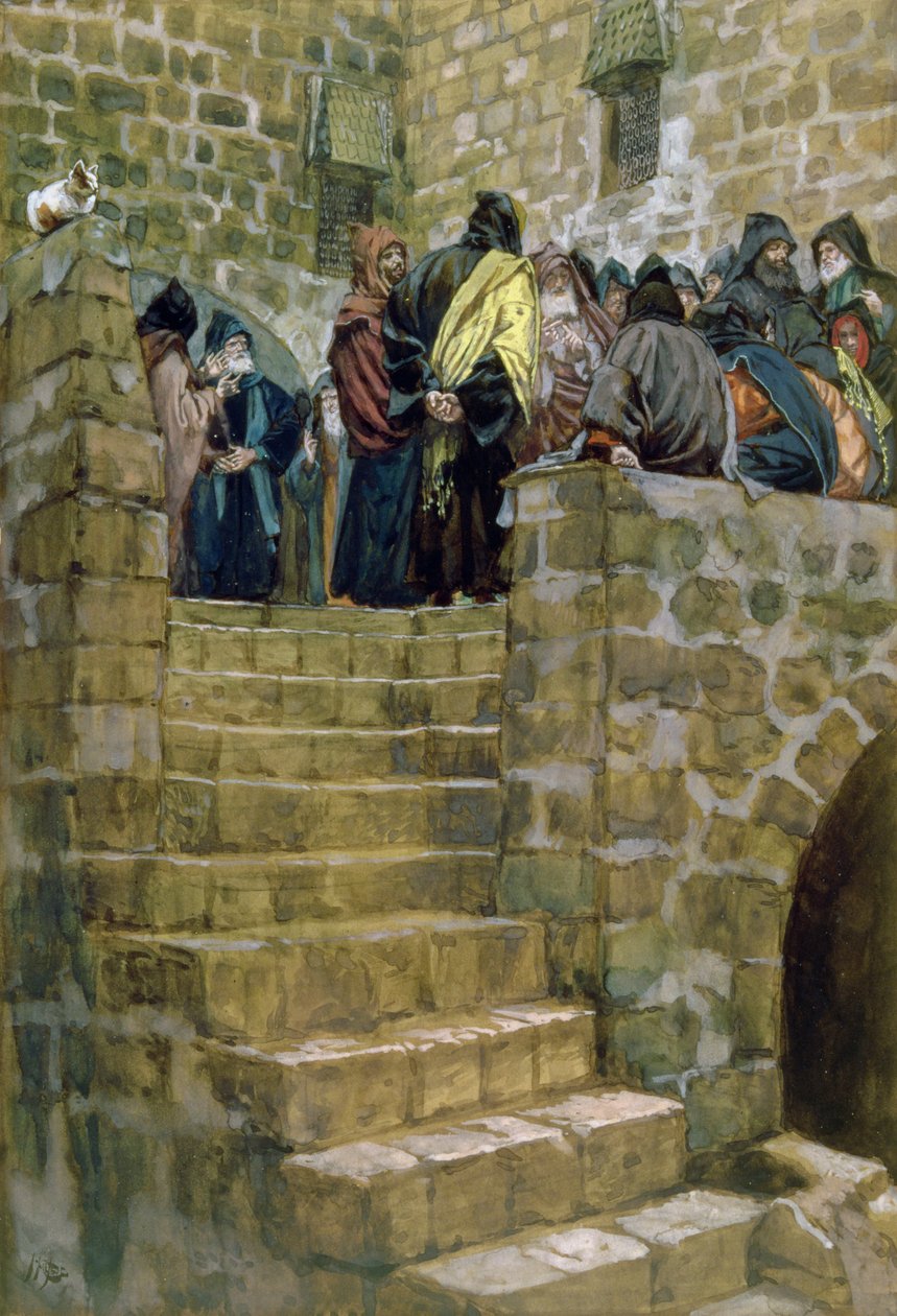 Zła Rada Kajfasza, ilustracja do Życia Chrystusa, ok. 1886-96 (gwasz na tekturze) autorstwa James Jacques Joseph Tissot