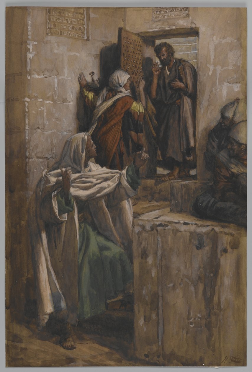 Pierwsze zaparcie się św. Piotra, ilustracja z Życia Pana naszego Jezusa Chrystusa, 1886-94 (wc nad grafitem na papierze) autorstwa James Jacques Joseph Tissot
