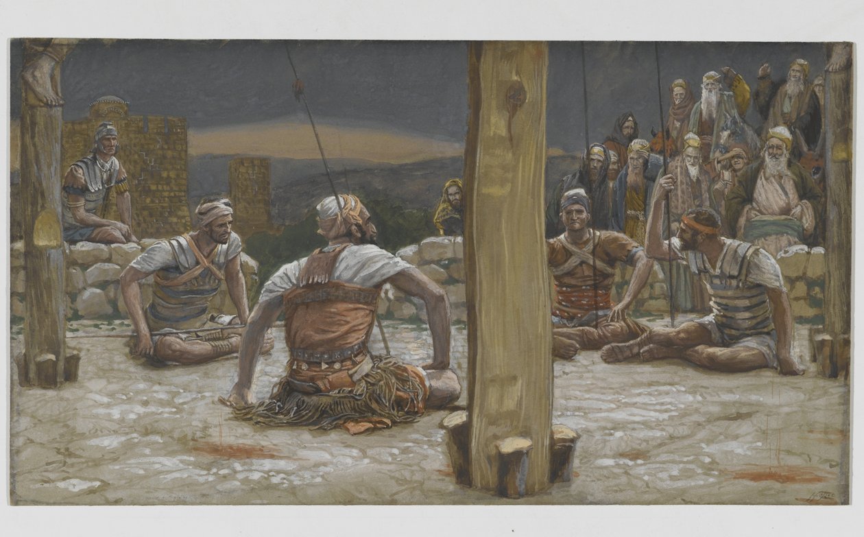 Czterech strażników usiadło i obserwowało go, ilustracja z Życia naszego Pana Jezusa Chrystusa, 1886-94 (wc nad grafitem na papierze) autorstwa James Jacques Joseph Tissot