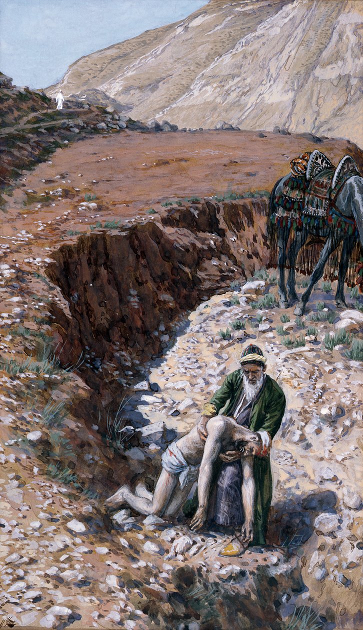 Dobry Samarytanin, ilustracja do Życia Chrystusa, ok. 1886-94 (toaleta i gwasz na tekturze) autorstwa James Jacques Joseph Tissot