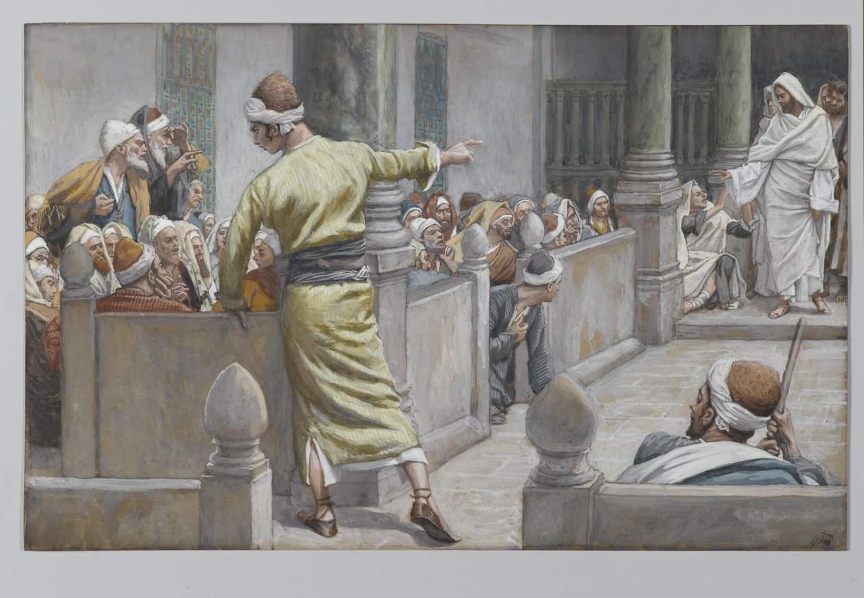 Uzdrowiony ślepiec opowiada Żydom swoją historię, ilustracja z Życia naszego Pana Jezusa Chrystusa, 1886-96 (wc nad grafitem na papierze) autorstwa James Jacques Joseph Tissot