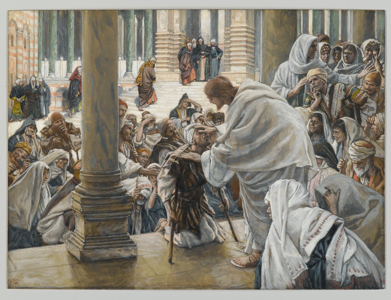 Uzdrowienie chromego w świątyni, ilustracja do Życia Chrystusa, ok. 1886-94 (toaleta i gwasz na tekturze) autorstwa James Jacques Joseph Tissot