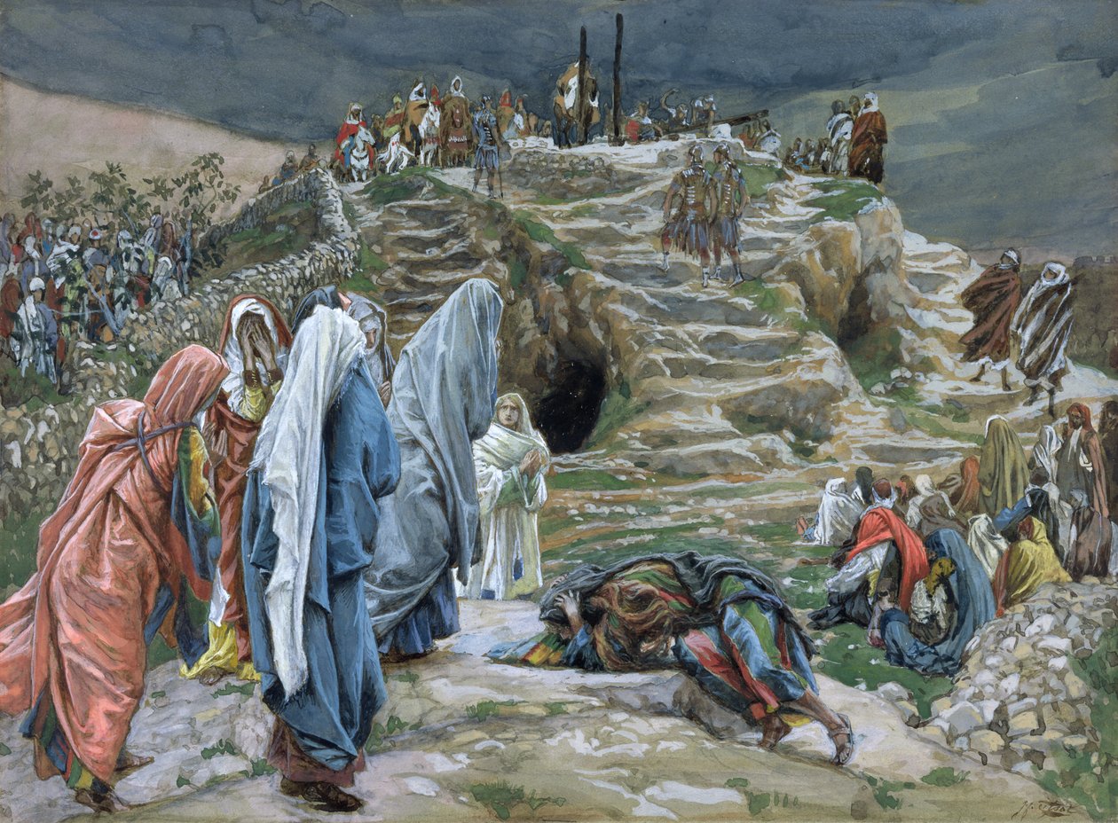 Święte kobiety stoją z daleka patrząc na to, co się dzieje, ilustracja do życia Chrystusa, ok. 1886-94 (toaleta i gwasz na tekturze) autorstwa James Jacques Joseph Tissot