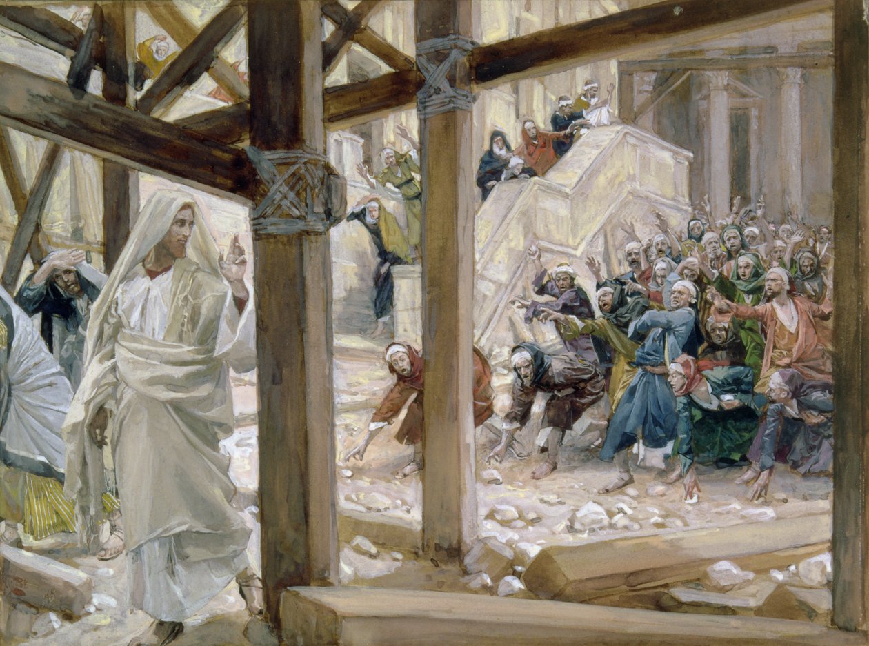 Żydzi wzięli kamienie, aby go rzucić, ilustracja do Życia Chrystusa ok. 1886-96 (gwasz na tekturze) autorstwa James Jacques Joseph Tissot