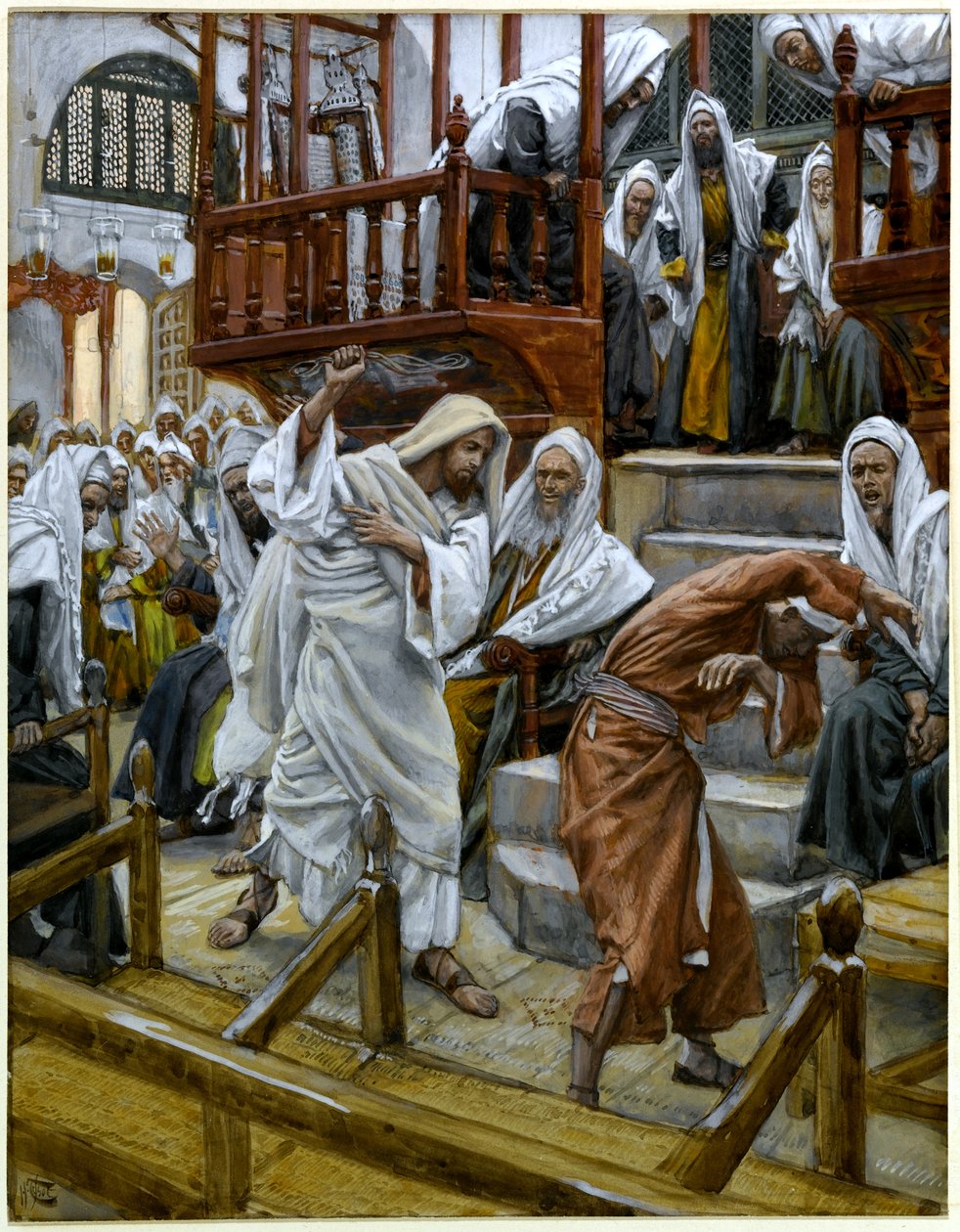 Człowiek opętany przez diabła w synagodze, ilustracja do Życia Chrystusa, ok. 1884-96 (toaleta i gwasz na tekturze) autorstwa James Jacques Joseph Tissot