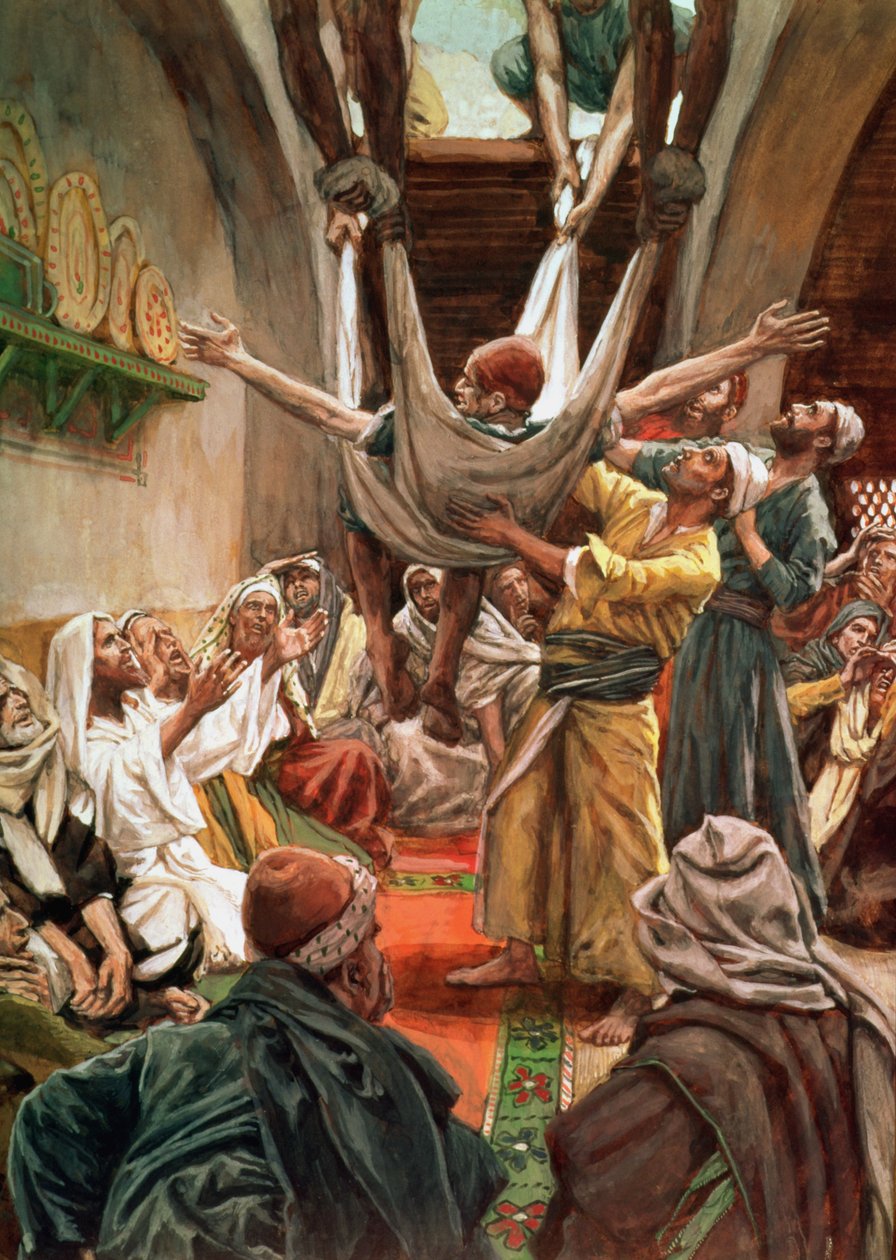 Sparaliżowany mężczyzna spuszczony przez dach, ilustracja do życia Chrystusa, ok. 1886-94 autorstwa James Jacques Joseph Tissot