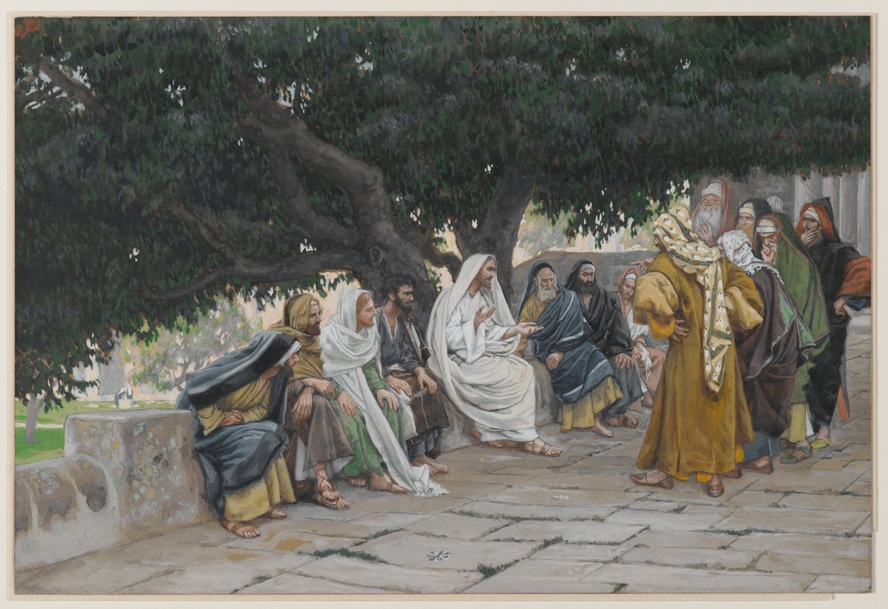 Faryzeusze i saduceusze przychodzą kusić Jezusa, ilustracja z Życia naszego Pana Jezusa Chrystusa, 1886-94 (wc nad grafitem na papierze) autorstwa James Jacques Joseph Tissot