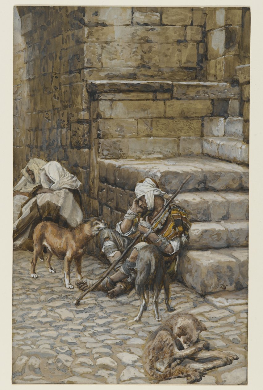 Biedny Łazarz pod drzwiami bogaczy, ilustracja z Życia naszego Pana Jezusa Chrystusa (wc nad grafitem na papierze) autorstwa James Jacques Joseph Tissot