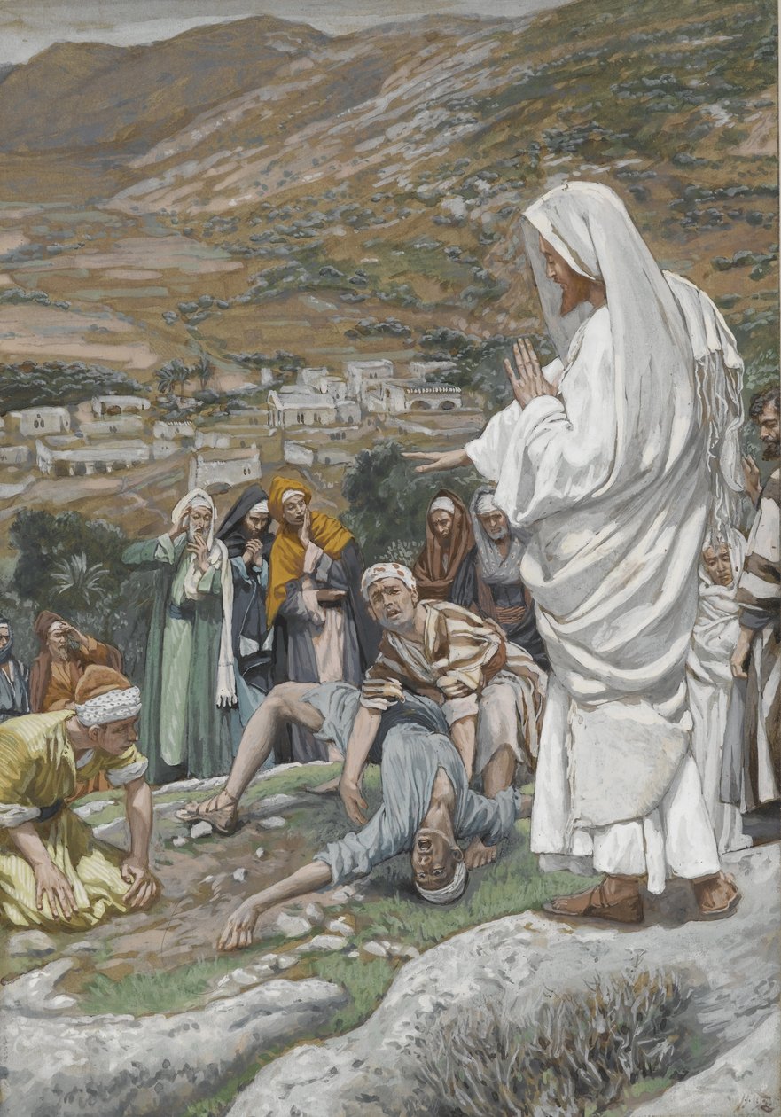 Opętany chłopiec u podnóża góry Tabor, ilustracja z Życia naszego Pana Jezusa Chrystusa, 1886-96 (wc nad grafitem na papierze) autorstwa James Jacques Joseph Tissot