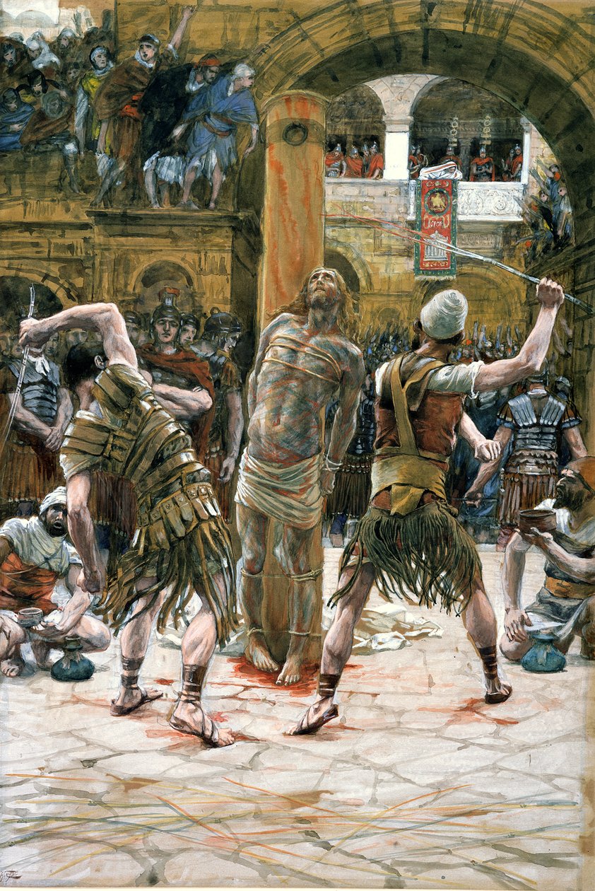 Biczowanie, ilustracja do Życia Chrystusa, ok. 1884-96 (toaleta i gwasz na tekturze) autorstwa James Jacques Joseph Tissot
