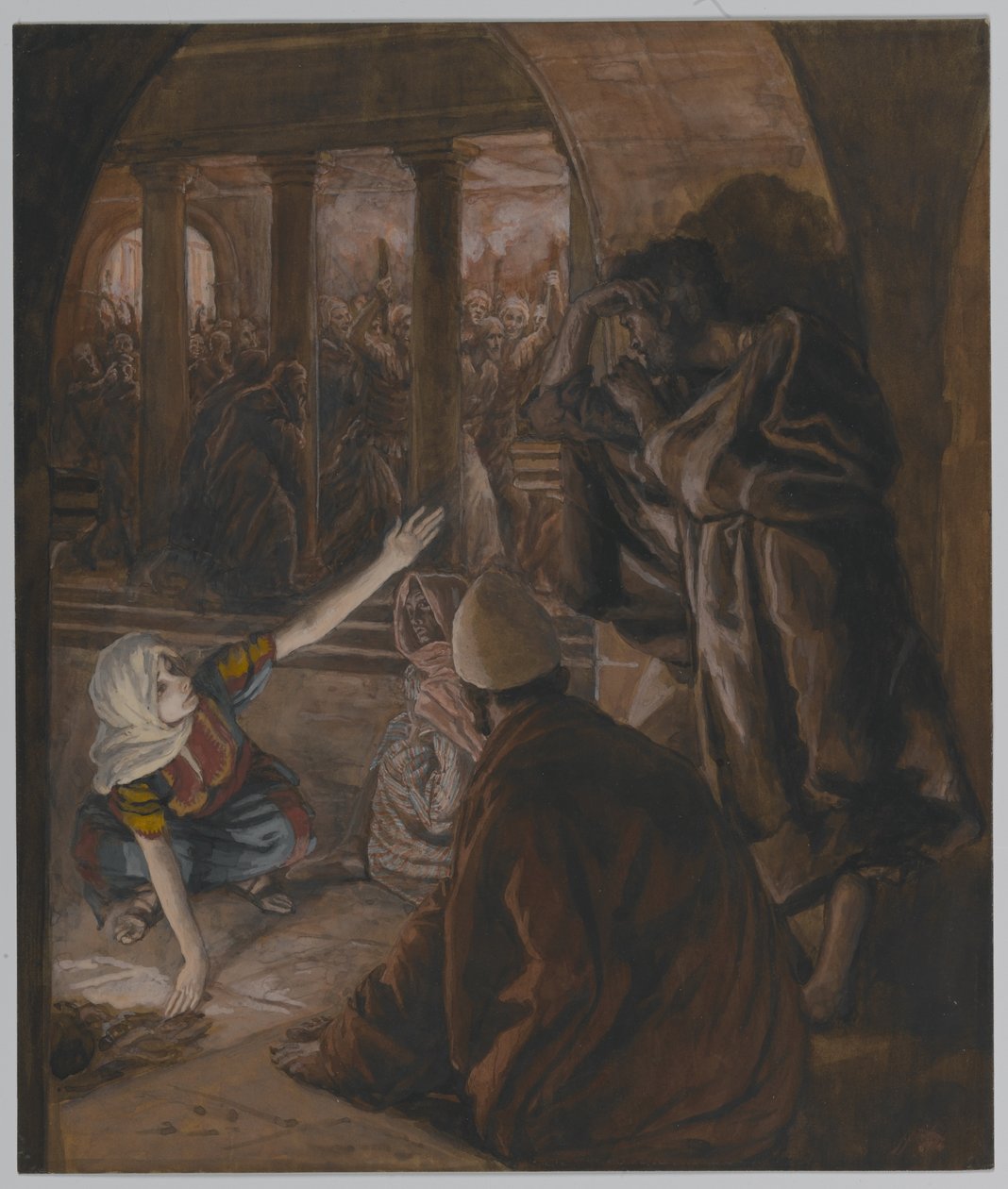 Trzecie zaparcie się św. Piotra - Jezus Spojrzenie wyrzutu, ilustracja z Życia naszego Pana Jezusa Chrystusa, 1886-94 (wc nad grafitem na papierze) autorstwa James Jacques Joseph Tissot