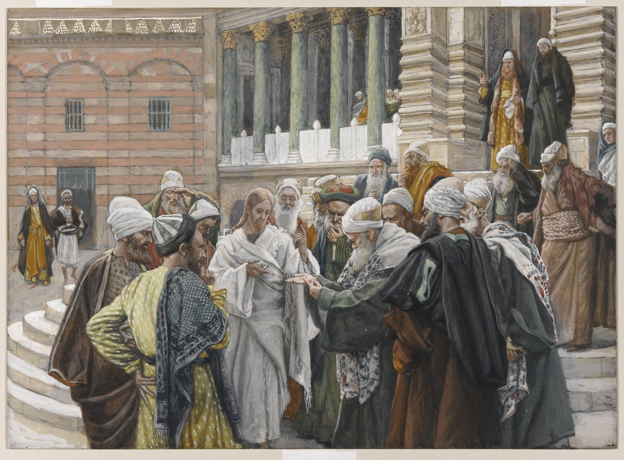Pieniądz hołdowy, ilustracja z Życia naszego Pana Jezusa Chrystusa, 1886-94 (wc nad grafitem na papierze) autorstwa James Jacques Joseph Tissot