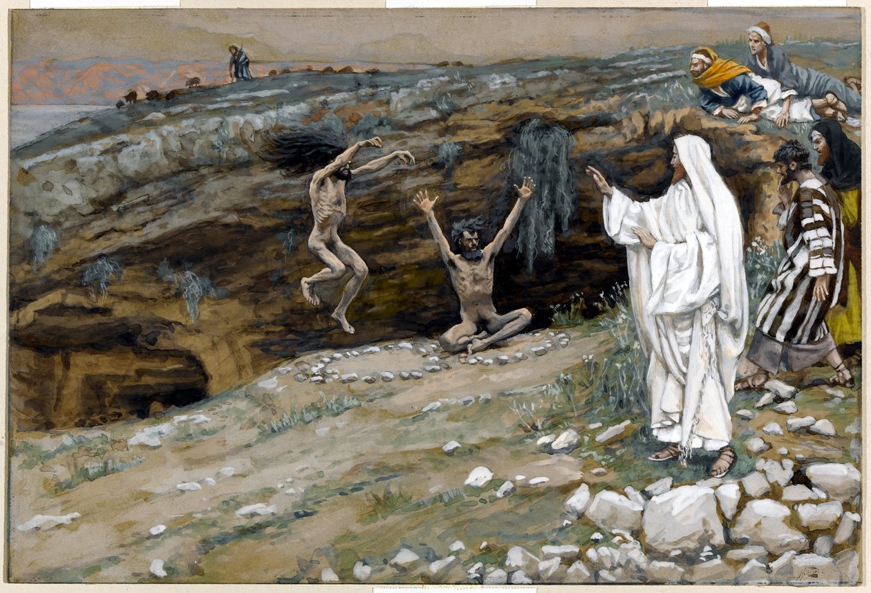 Dwóch mężczyzn opętanych przez nieczyste duchy, ilustracja do Życia Chrystusa, ok. 1884-96 (toaleta i gwasz na tekturze) autorstwa James Jacques Joseph Tissot