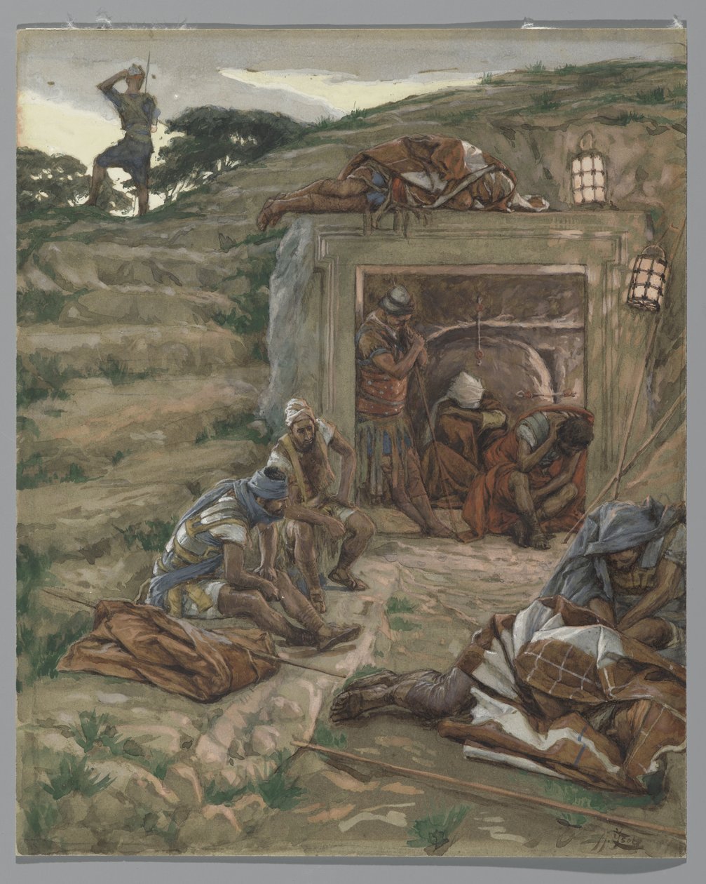 Straż nad grobem, ilustracja z Życia naszego Pana Jezusa Chrystusa, 1886-94 (wc nad grafitem na papierze) autorstwa James Jacques Joseph Tissot