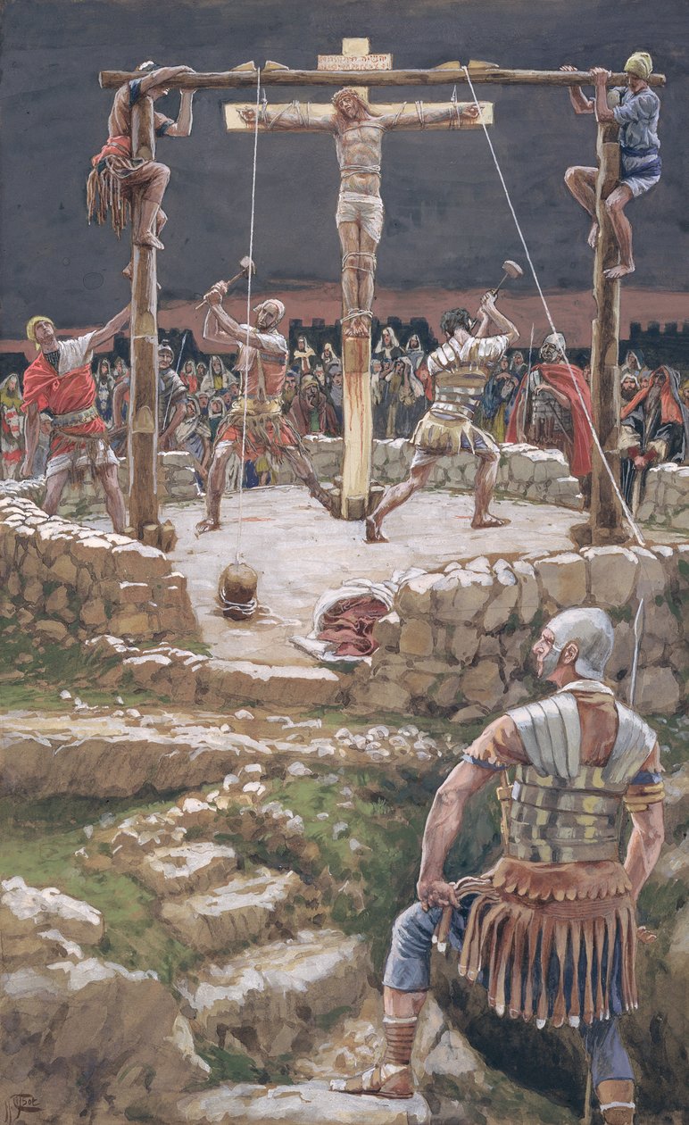 Zaklinowanie krzyża, ilustracja do życia Chrystusa, ok. 1886-94 (toaleta i gwasz na tekturze) autorstwa James Jacques Joseph Tissot