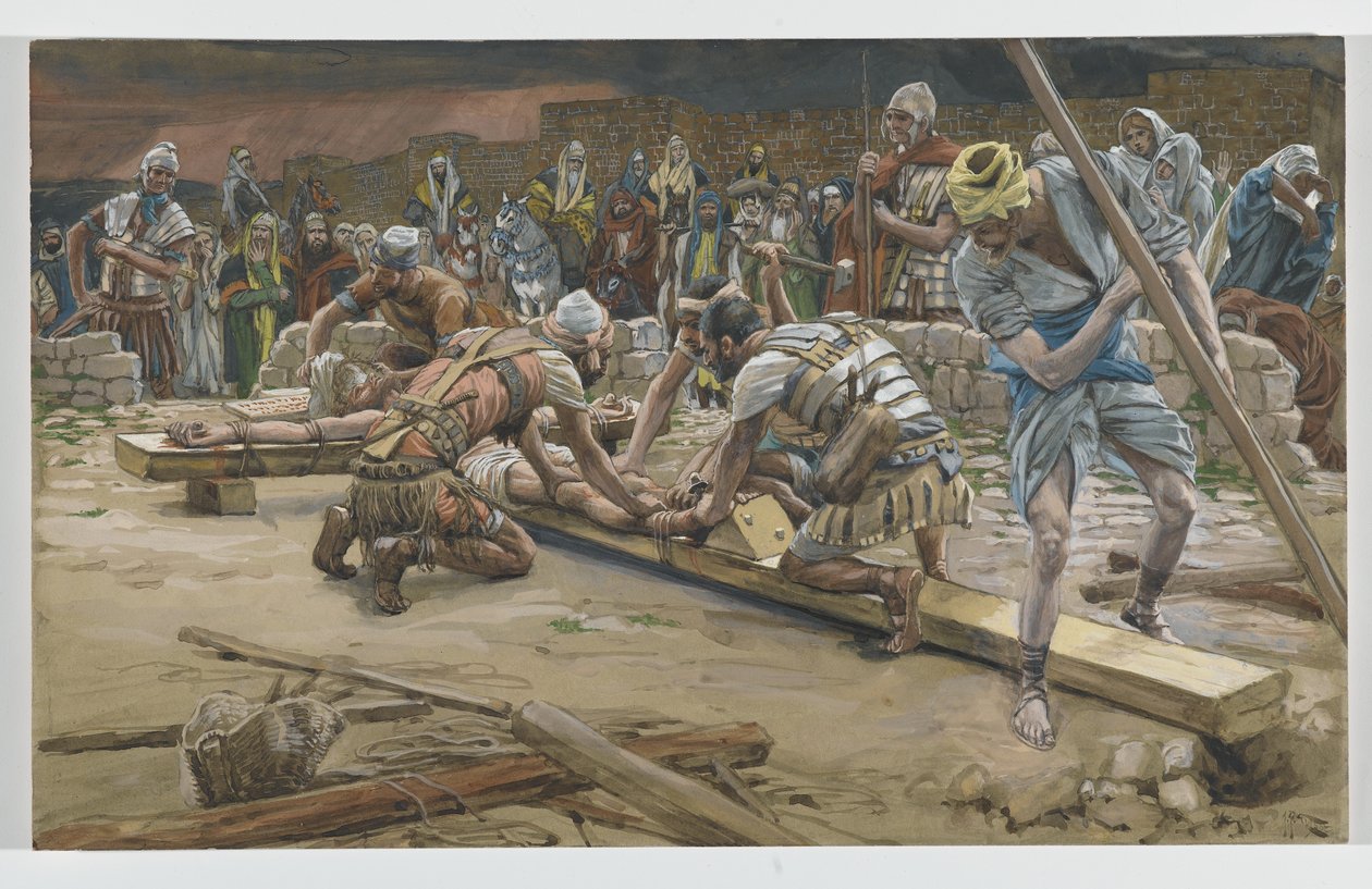 Gwóźdź do stóp, ilustracja z Życia Pana naszego Jezusa Chrystusa, 1886-94 (wc nad grafitem na papierze) autorstwa James Jacques Joseph Tissot