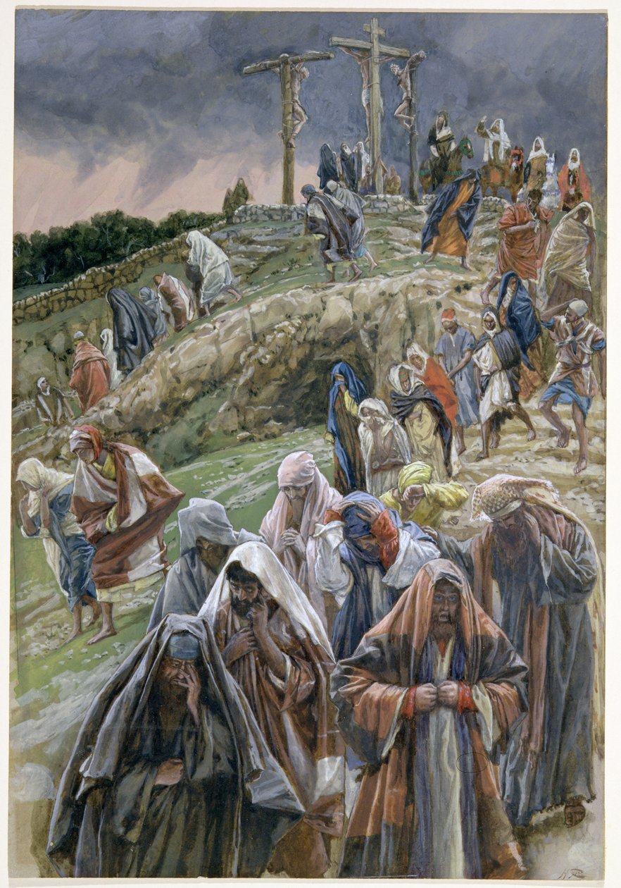Ludzie widząc dokonane rzeczy bili się w piersi, ilustracja do Życia Chrystusa, ok. 1886-96 (gwasz na tekturze) autorstwa James Jacques Joseph Tissot