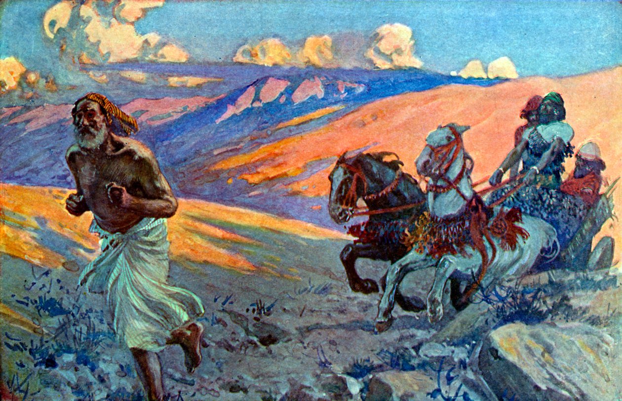 Eliasz biegnie przed rydwanem Achaba - Biblia autorstwa James Jacques Joseph after Tissot