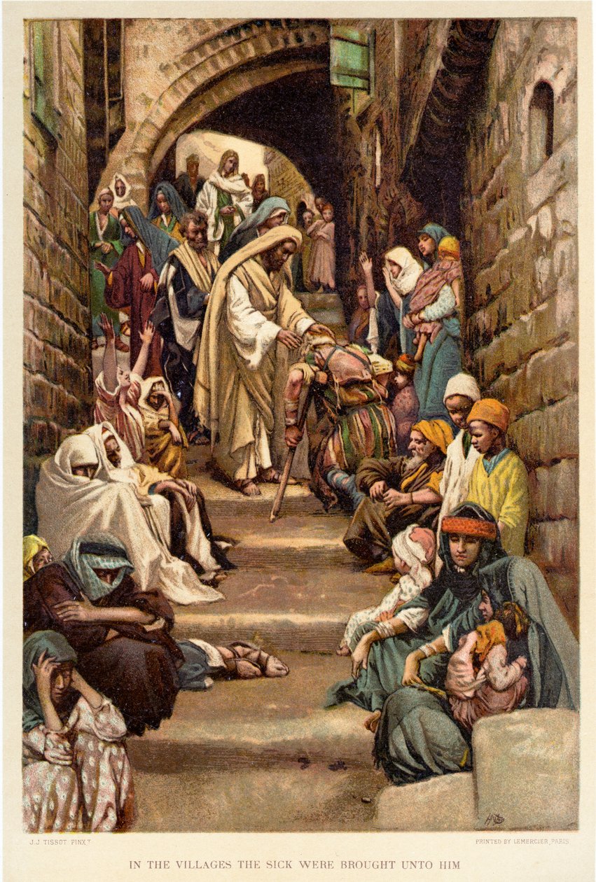 W wioskach przyprowadzano do niego chorych - Biblia autorstwa James Jacques Joseph after Tissot
