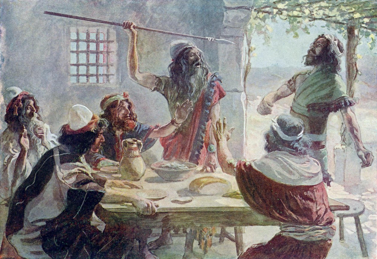 Saul rzuca oszczepem w Jonatana - Biblia autorstwa James Jacques Joseph after Tissot