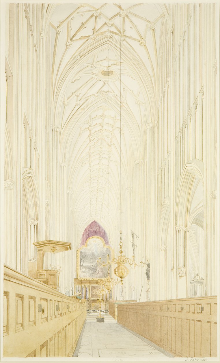 Nawa St Mary Redcliffe, patrząc na wschód z ołtarzem Hogartha autorstwa James Johnson