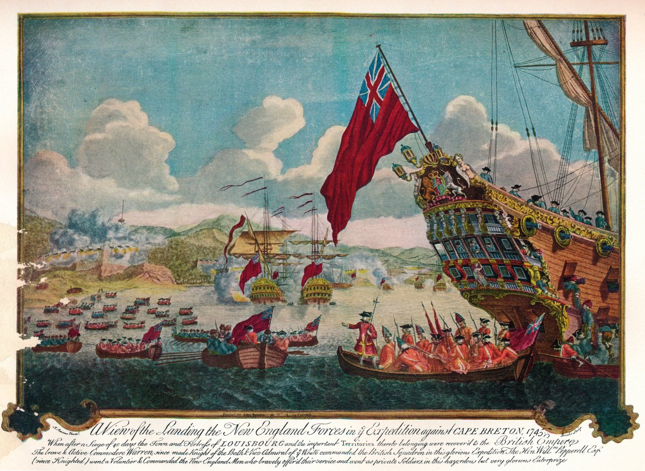 Lądowanie wojsk z Nowej Anglii na wyspie Cape Breton w celu ataku na Louisbourg, 1747 autorstwa James L. Brooks