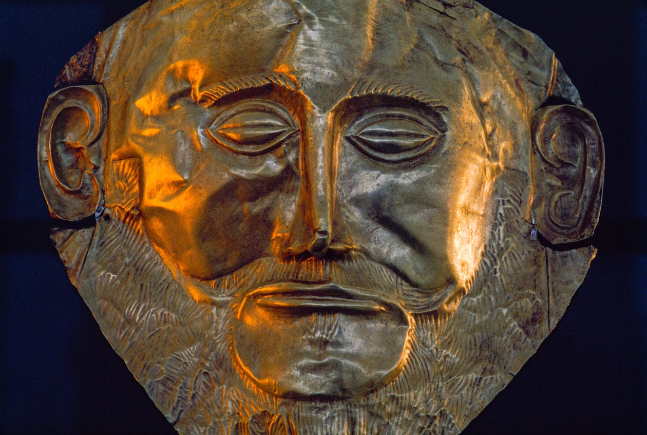 Maska pogrzebowa z epoki brązu. Narodowe Muzeum Archeologiczne, Ateny, Grecja. autorstwa James L Stanfield