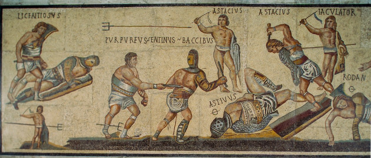 Rzymska mozaika przedstawiająca gladiatorów walczących różnymi rodzajami broni. Galleria Borghese... autorstwa James L Stanfield