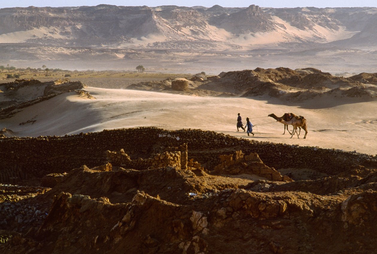 Wielbłąd z członkami karawany soli przekraczają pustynny płaskowyż w BILMA, NIGER. BILMA, NIGER. autorstwa James L Stanfield