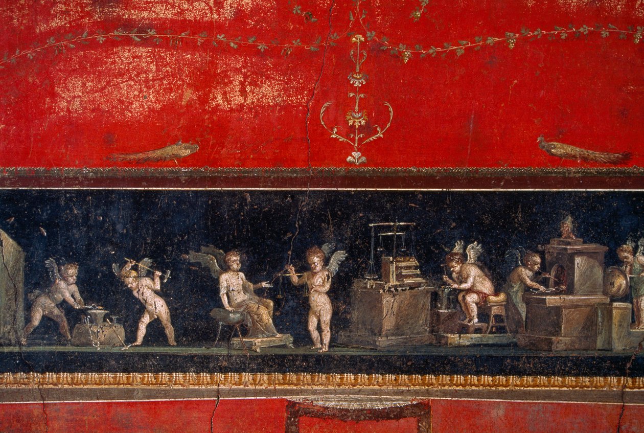 Fresk odkryty w Pompejach przedstawia złotnicze cherubiny przy pracy. Pompeje, Włochy. autorstwa James L Stanfield