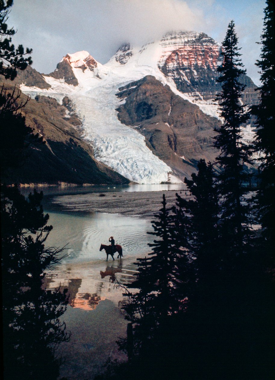 Samotny koń i jeździec nad jeziorem u podnóża najwyższego szczytu Kanady. Mount Robson... autorstwa James L Stanfield